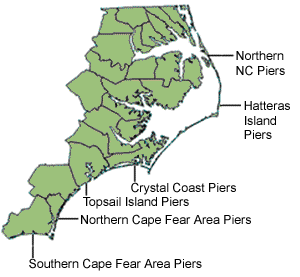 Map of NC Fishing Piers; Please select a region to the right.